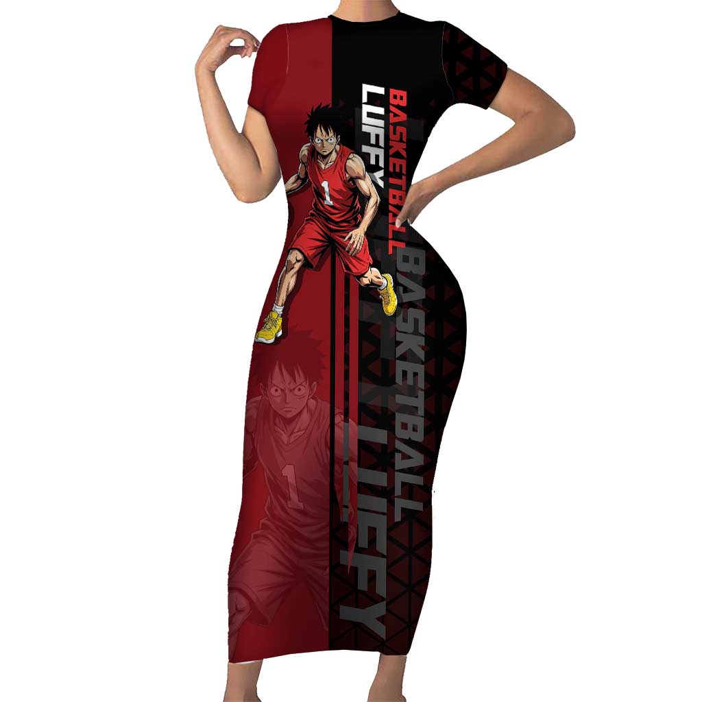 Luffy One Piece Basketball Theme Red and Black Design Short Sleeve Bodycon Dress with Straw Hat Pirate Logo and Sports Pose - The Mazicc