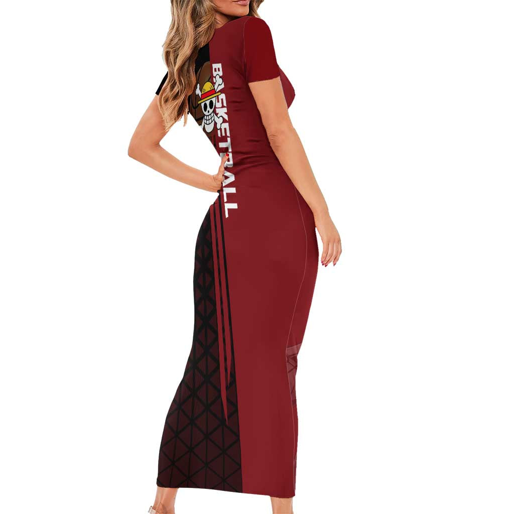 Luffy One Piece Basketball Theme Red and Black Design Short Sleeve Bodycon Dress with Straw Hat Pirate Logo and Sports Pose - The Mazicc