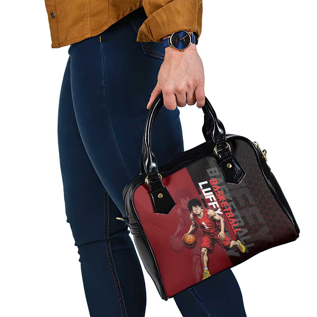 Luffy One Piece Basketball Theme Red and Black Design Shoulder Handbag with Straw Hat Pirate Logo and Sports Pose - The Mazicc
