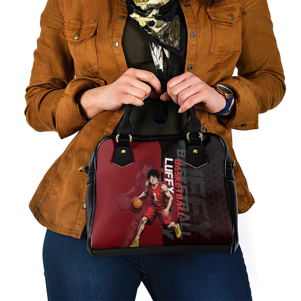 Luffy One Piece Basketball Theme Red and Black Design Shoulder Handbag with Straw Hat Pirate Logo and Sports Pose - The Mazicc