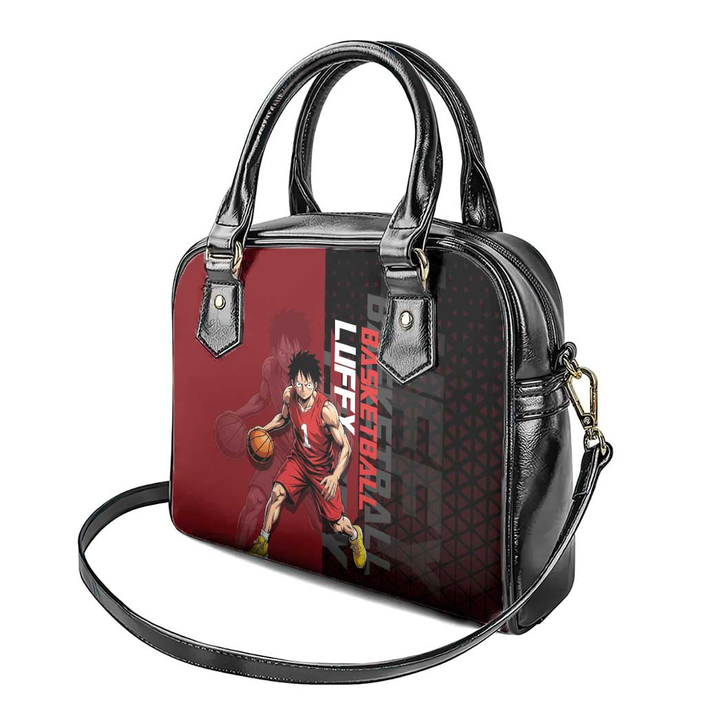Luffy One Piece Basketball Theme Red and Black Design Shoulder Handbag with Straw Hat Pirate Logo and Sports Pose - The Mazicc