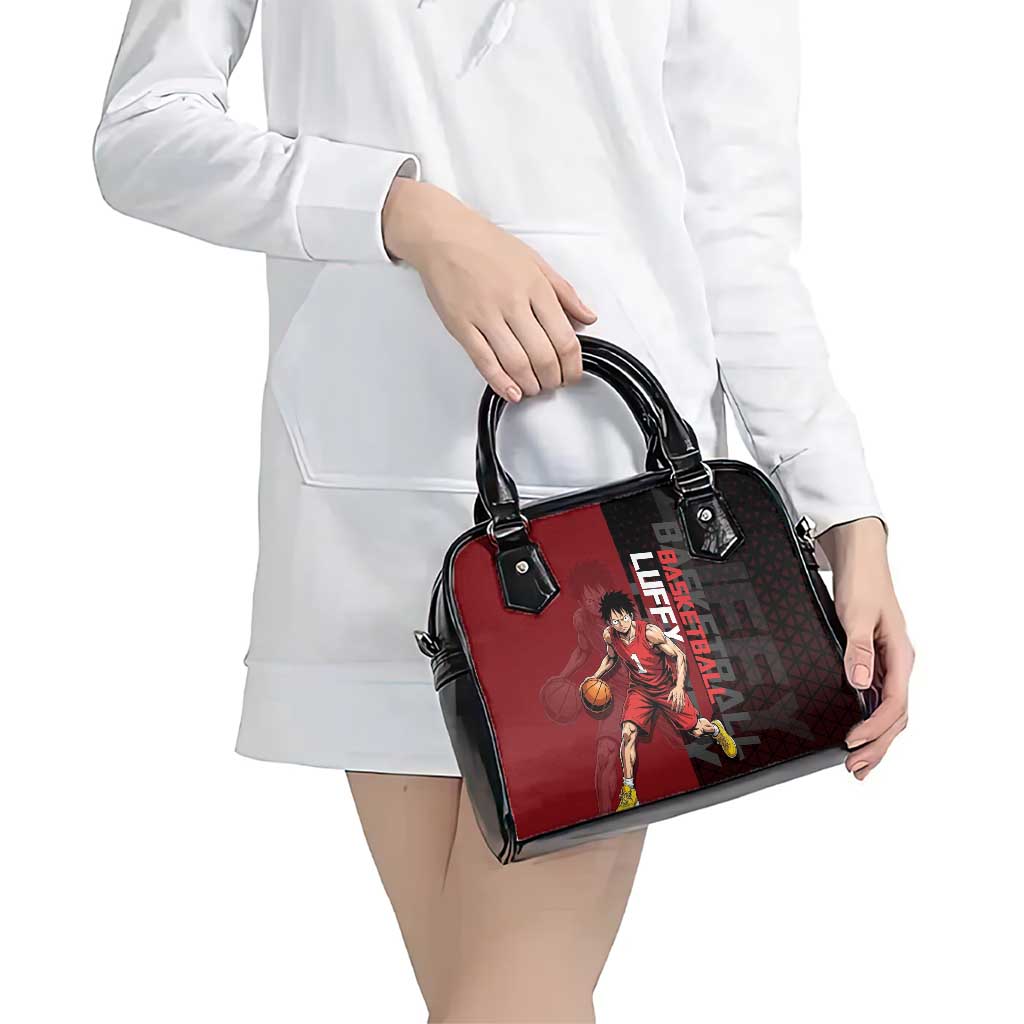 Luffy One Piece Basketball Theme Red and Black Design Shoulder Handbag with Straw Hat Pirate Logo and Sports Pose - The Mazicc