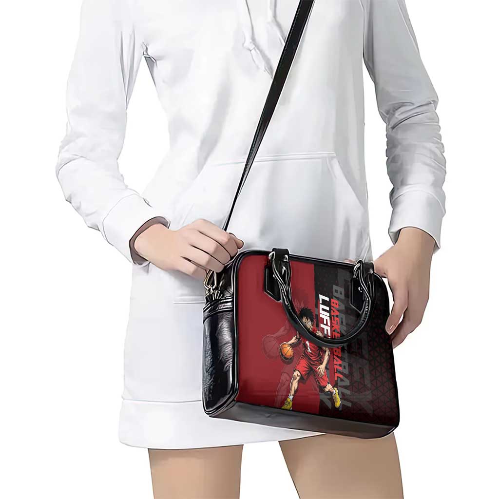 Luffy One Piece Basketball Theme Red and Black Design Shoulder Handbag with Straw Hat Pirate Logo and Sports Pose - The Mazicc