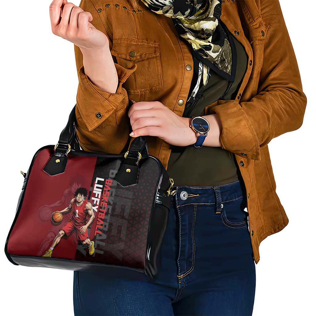 Luffy One Piece Basketball Theme Red and Black Design Shoulder Handbag with Straw Hat Pirate Logo and Sports Pose - The Mazicc