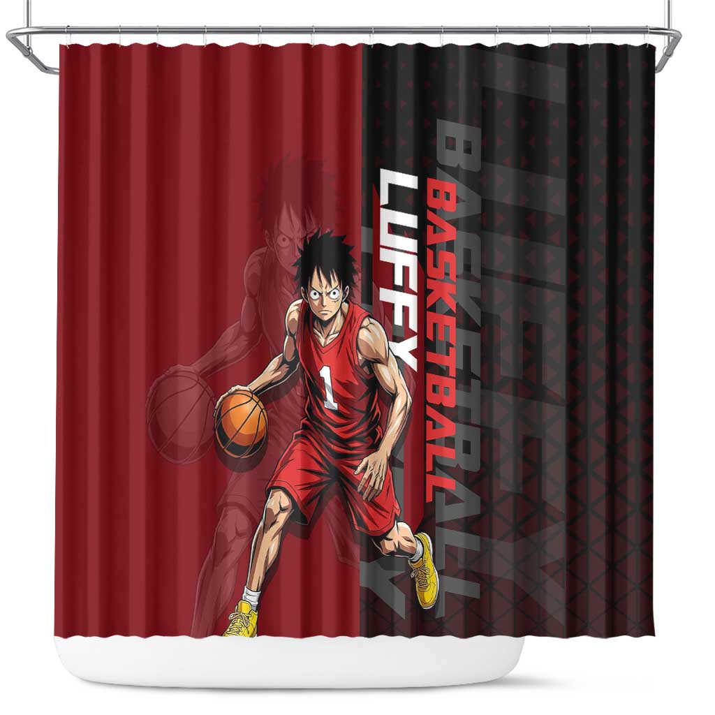 Luffy One Piece Basketball Theme Red and Black Design Shower Curtain with Straw Hat Pirate Logo and Sports Pose - The Mazicc