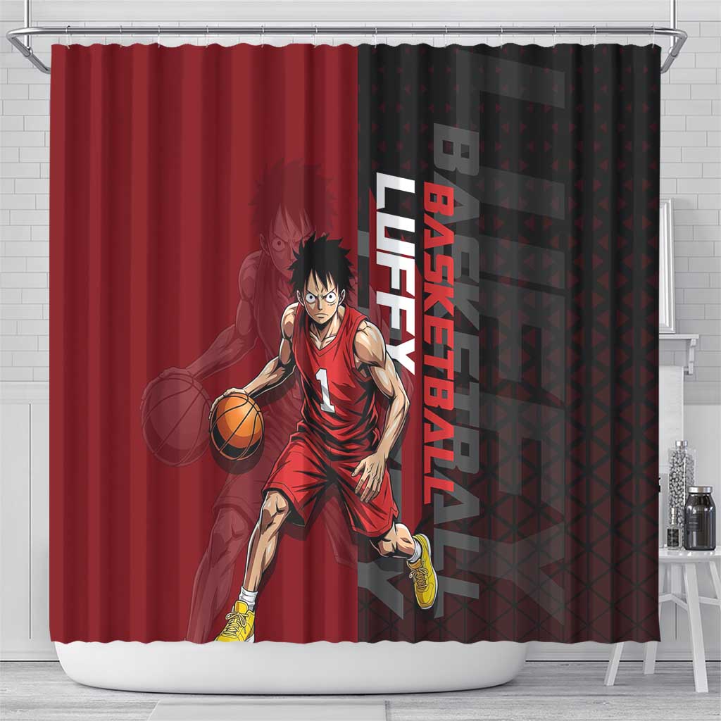 Luffy One Piece Basketball Theme Red and Black Design Shower Curtain with Straw Hat Pirate Logo and Sports Pose - The Mazicc
