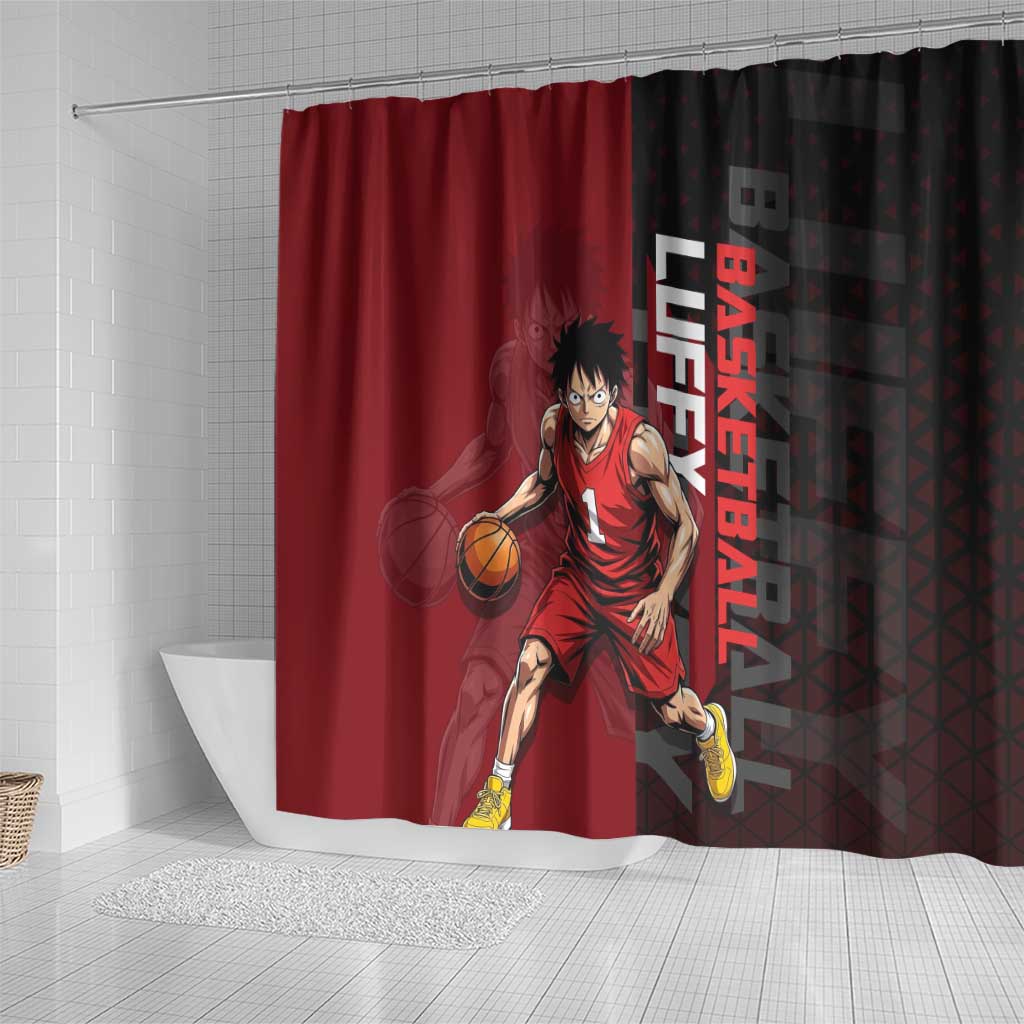 Luffy One Piece Basketball Theme Red and Black Design Shower Curtain with Straw Hat Pirate Logo and Sports Pose - The Mazicc