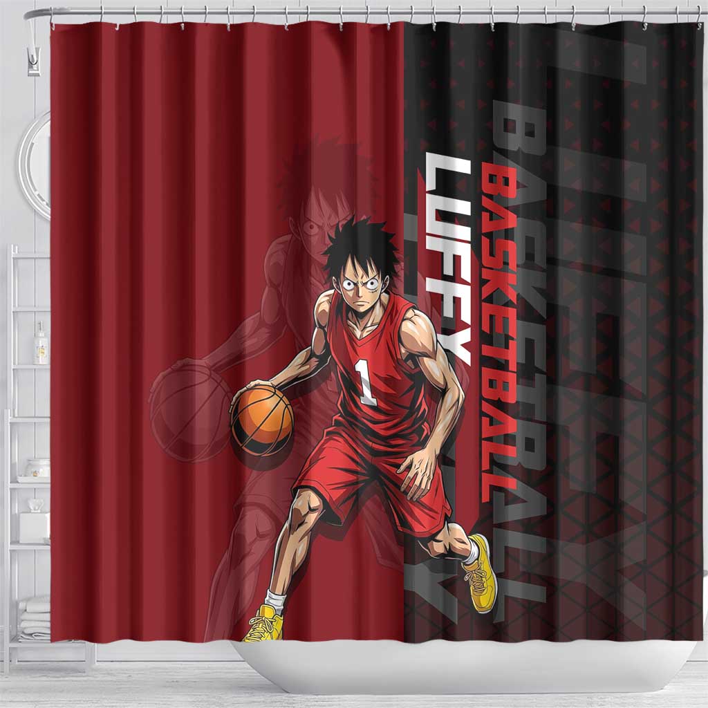 Luffy One Piece Basketball Theme Red and Black Design Shower Curtain with Straw Hat Pirate Logo and Sports Pose - The Mazicc