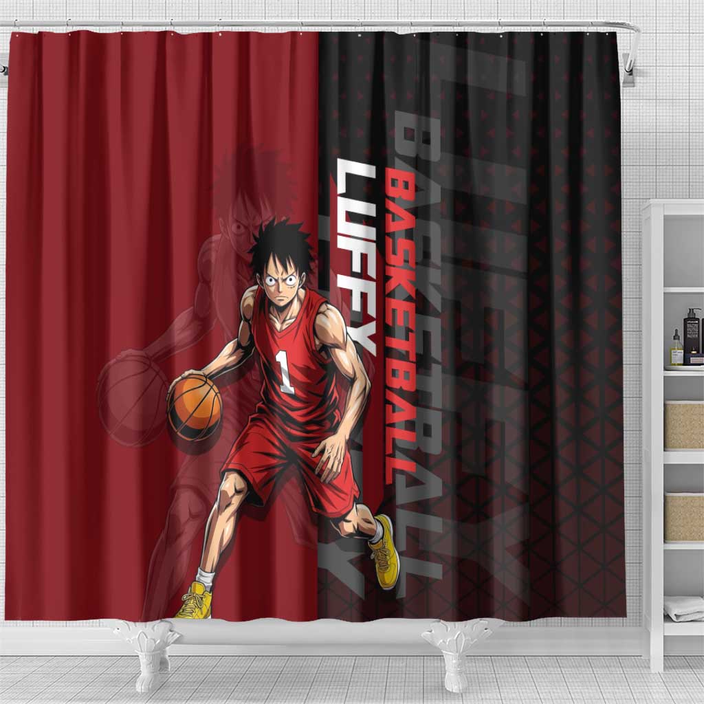 Luffy One Piece Basketball Theme Red and Black Design Shower Curtain with Straw Hat Pirate Logo and Sports Pose - The Mazicc