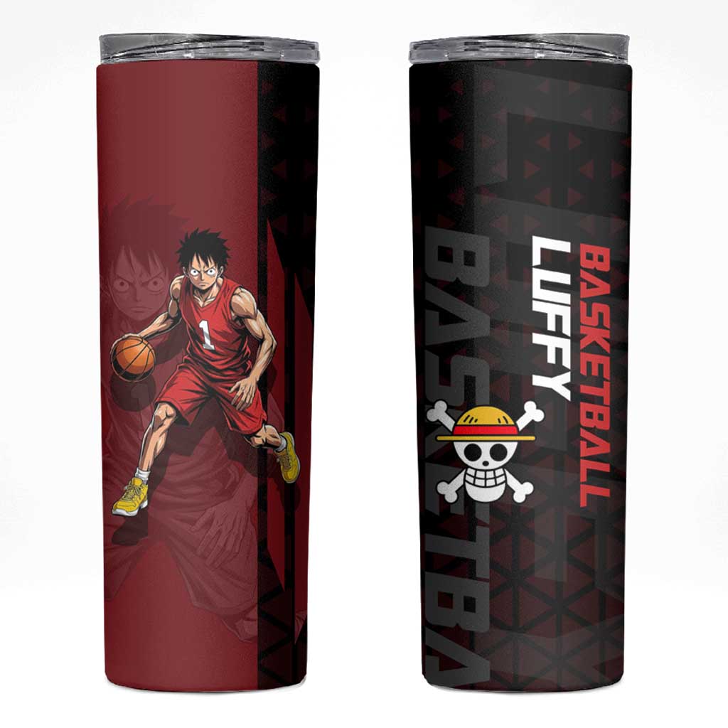 Luffy One Piece Basketball Theme Red and Black Design Skinny Tumbler with Straw Hat Pirate Logo and Sports Pose - The Mazicc