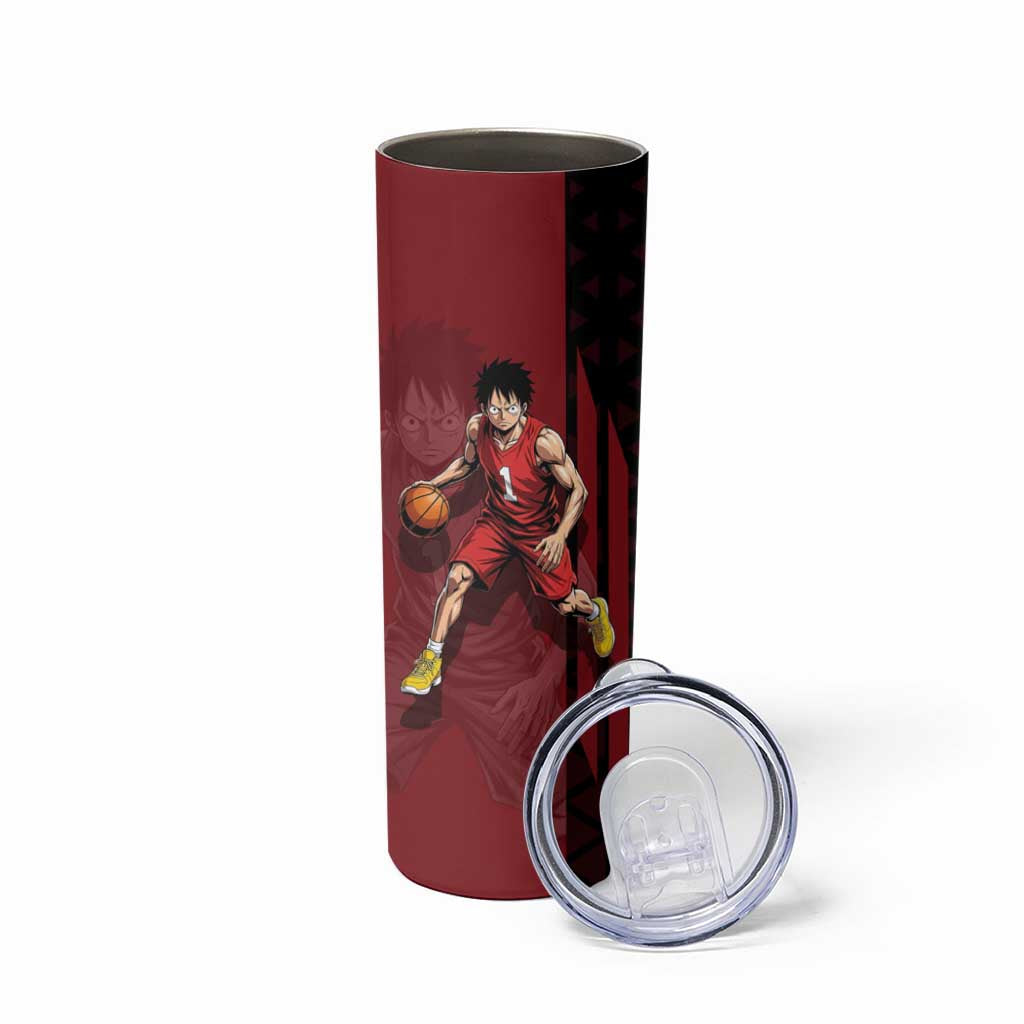 Luffy One Piece Basketball Theme Red and Black Design Skinny Tumbler with Straw Hat Pirate Logo and Sports Pose - The Mazicc