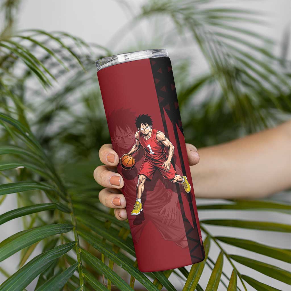 Luffy One Piece Basketball Theme Red and Black Design Skinny Tumbler with Straw Hat Pirate Logo and Sports Pose - The Mazicc