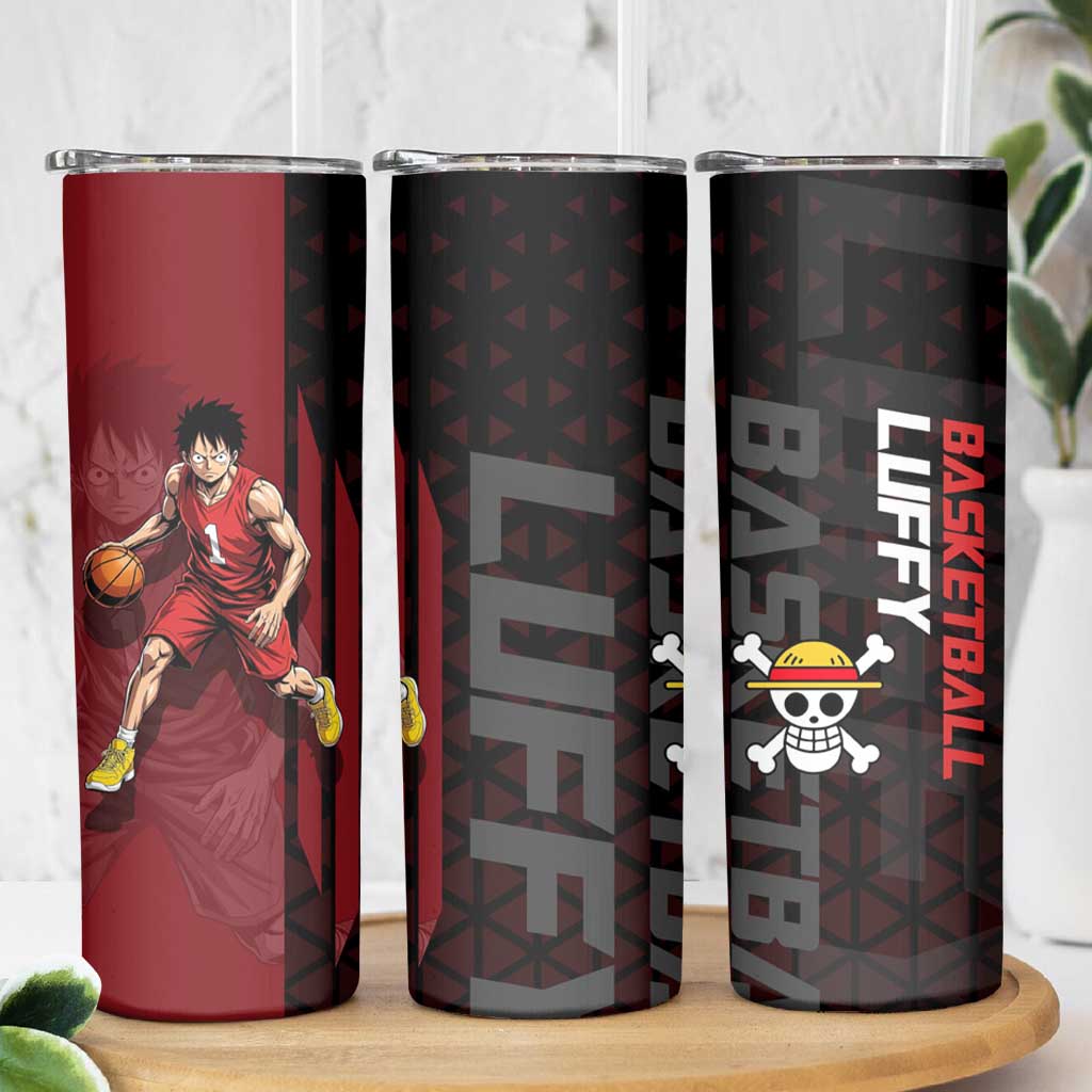 Luffy One Piece Basketball Theme Red and Black Design Skinny Tumbler with Straw Hat Pirate Logo and Sports Pose - The Mazicc
