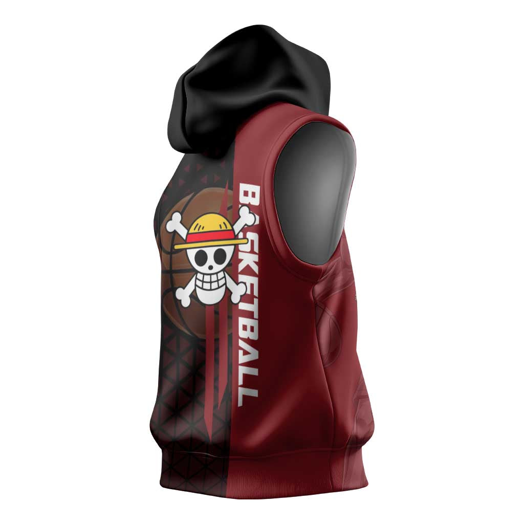 Luffy One Piece Basketball Theme Red and Black Design Sleeveless Hoodie with Straw Hat Pirate Logo and Sports Pose - The Mazicc