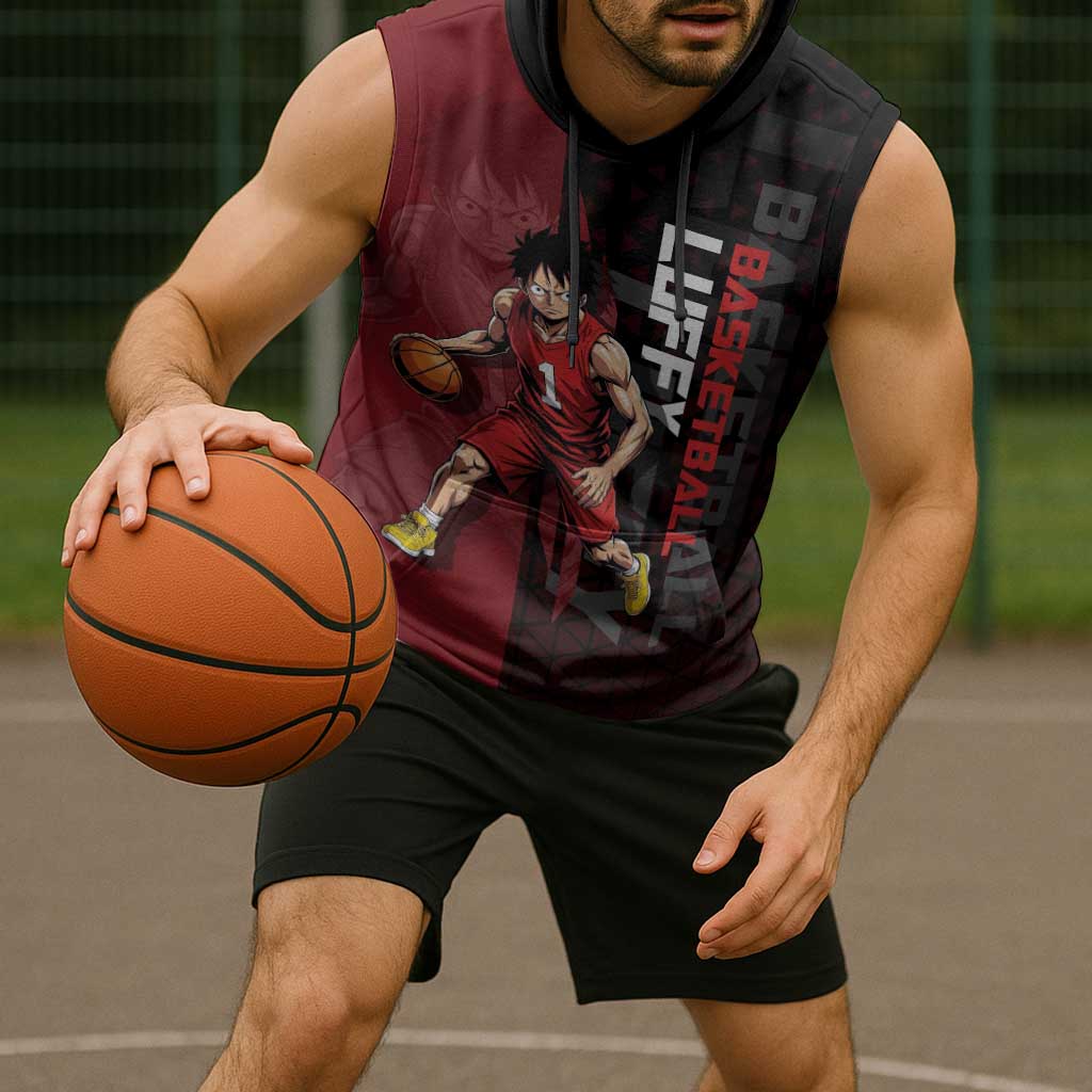 Luffy One Piece Basketball Theme Red and Black Design Sleeveless Hoodie with Straw Hat Pirate Logo and Sports Pose - The Mazicc
