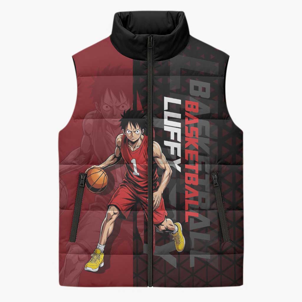 Luffy One Piece Basketball Theme Red and Black Design Sleeveless Puffer Jacket with Straw Hat Pirate Logo and Sports Pose - The Mazicc