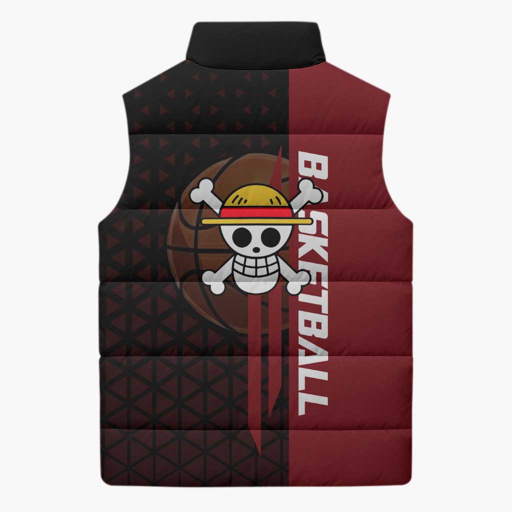 Luffy One Piece Basketball Theme Red and Black Design Sleeveless Puffer Jacket with Straw Hat Pirate Logo and Sports Pose - The Mazicc