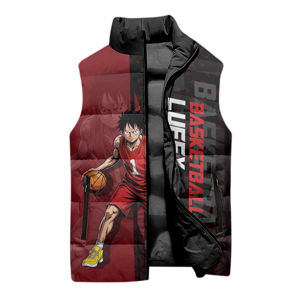 Luffy One Piece Basketball Theme Red and Black Design Sleeveless Puffer Jacket with Straw Hat Pirate Logo and Sports Pose - The Mazicc