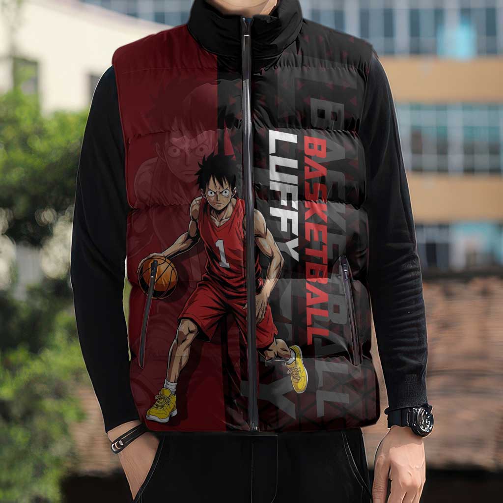 Luffy One Piece Basketball Theme Red and Black Design Sleeveless Puffer Jacket with Straw Hat Pirate Logo and Sports Pose - The Mazicc