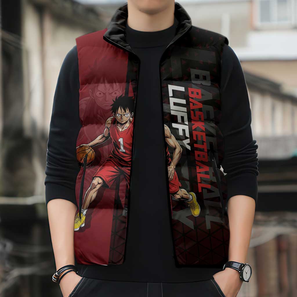 Luffy One Piece Basketball Theme Red and Black Design Sleeveless Puffer Jacket with Straw Hat Pirate Logo and Sports Pose - The Mazicc