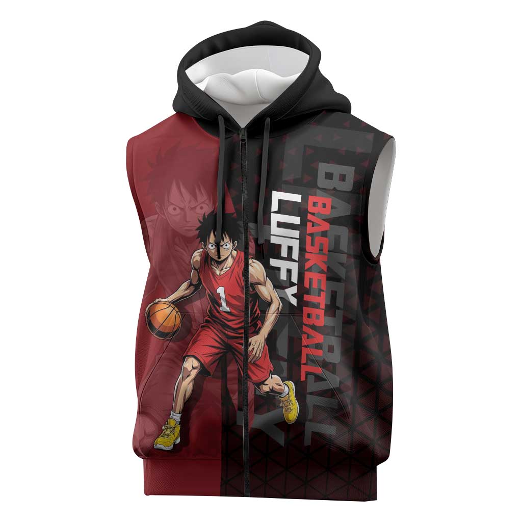 Luffy One Piece Basketball Theme Red and Black Design Sleeveless Zip Hoodie with Straw Hat Pirate Logo and Sports Pose - The Mazicc
