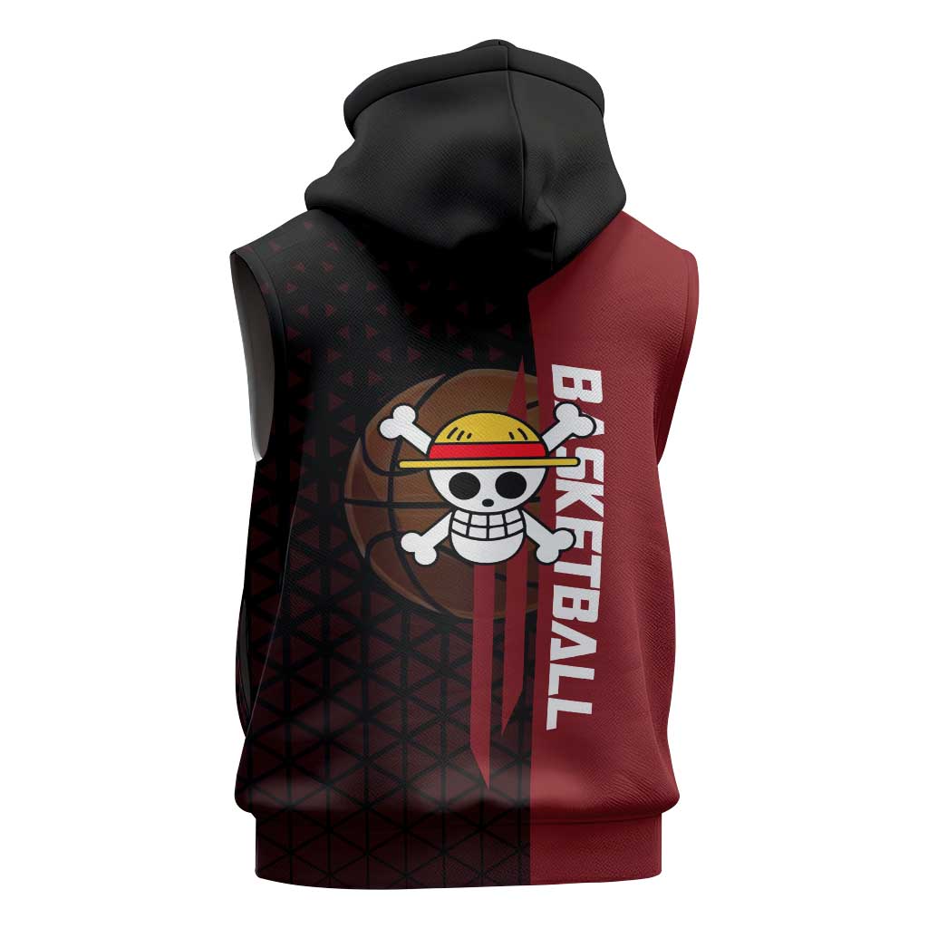 Luffy One Piece Basketball Theme Red and Black Design Sleeveless Zip Hoodie with Straw Hat Pirate Logo and Sports Pose - The Mazicc