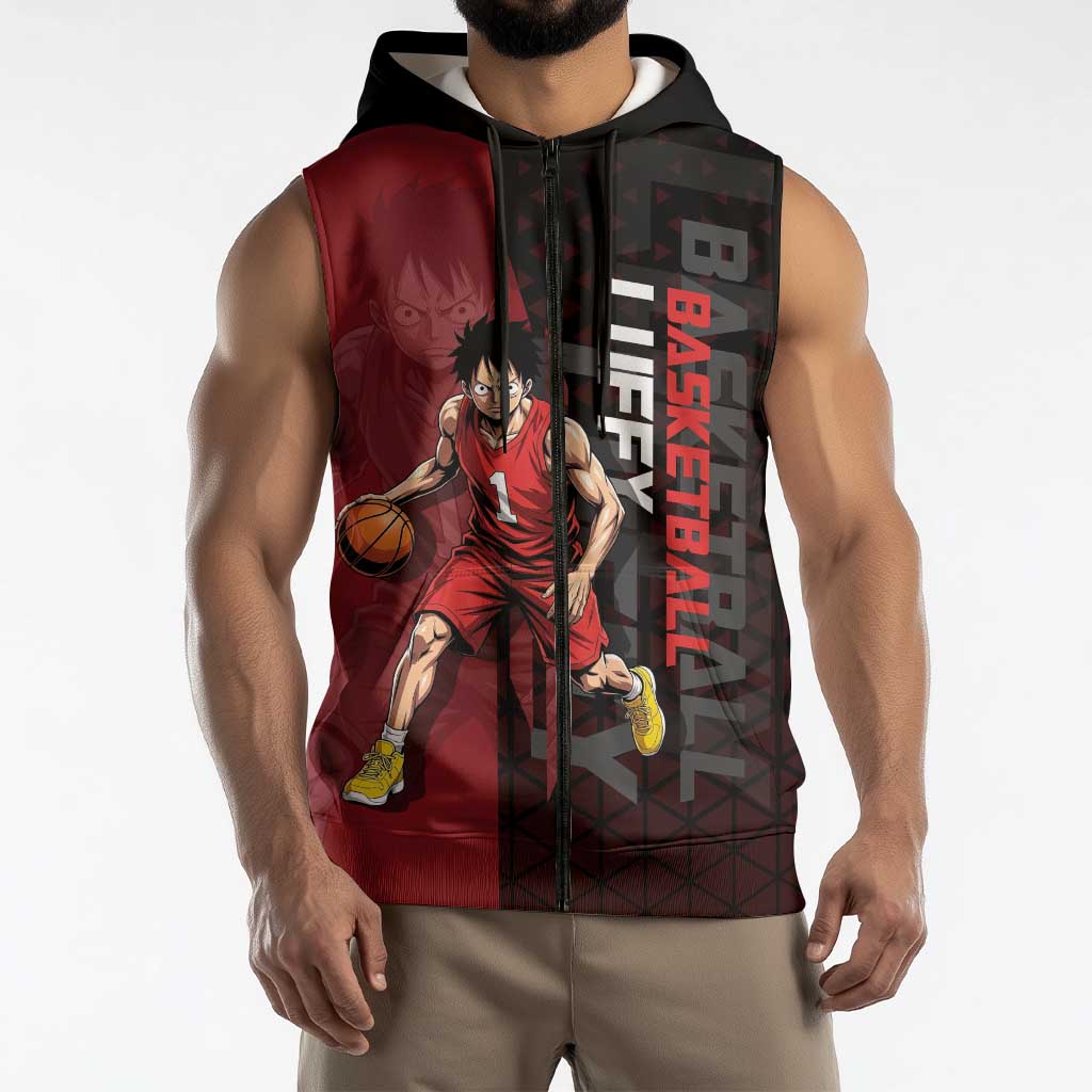 Luffy One Piece Basketball Theme Red and Black Design Sleeveless Zip Hoodie with Straw Hat Pirate Logo and Sports Pose - The Mazicc
