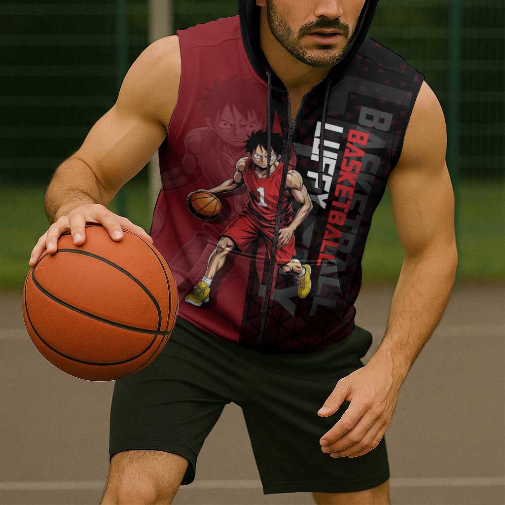 Luffy One Piece Basketball Theme Red and Black Design Sleeveless Zip Hoodie with Straw Hat Pirate Logo and Sports Pose - The Mazicc