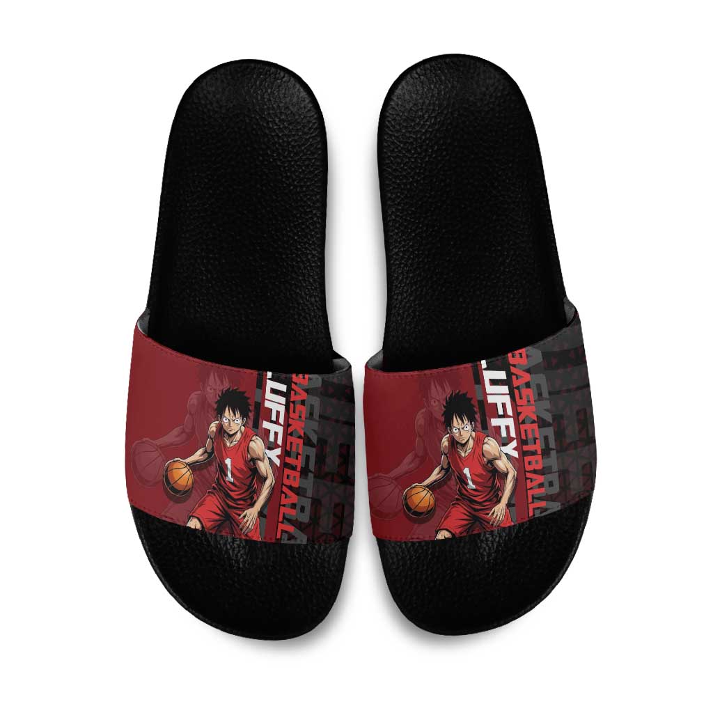 Luffy One Piece Basketball Theme Red and Black Design Slide Sandals with Straw Hat Pirate Logo and Sports Pose - The Mazicc