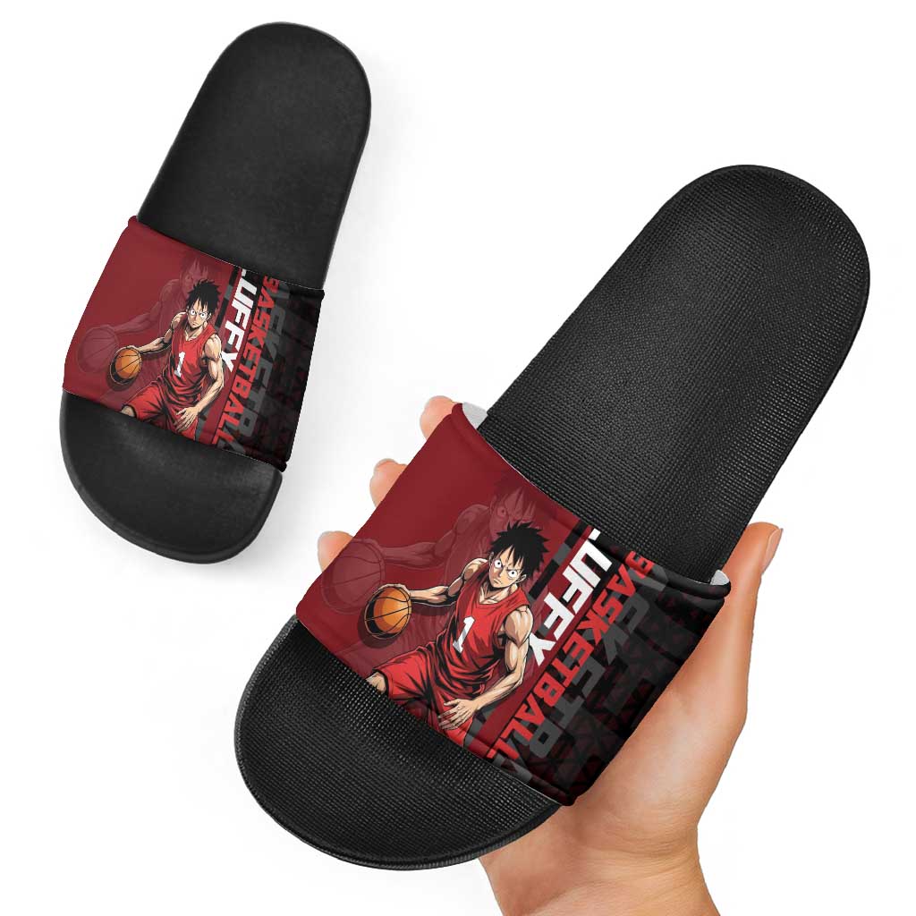 Luffy One Piece Basketball Theme Red and Black Design Slide Sandals with Straw Hat Pirate Logo and Sports Pose - The Mazicc
