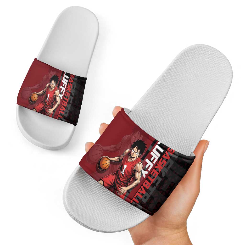 Luffy One Piece Basketball Theme Red and Black Design Slide Sandals with Straw Hat Pirate Logo and Sports Pose - The Mazicc