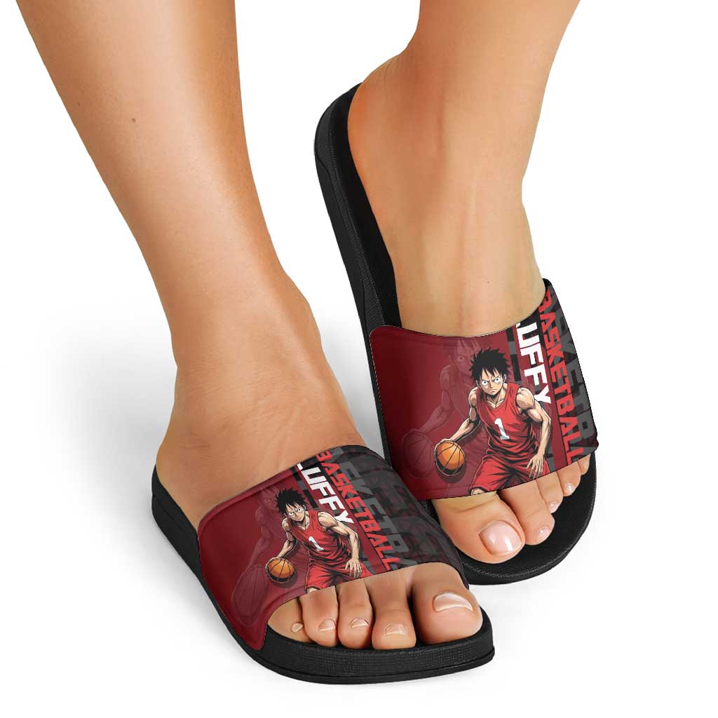 Luffy One Piece Basketball Theme Red and Black Design Slide Sandals with Straw Hat Pirate Logo and Sports Pose - The Mazicc