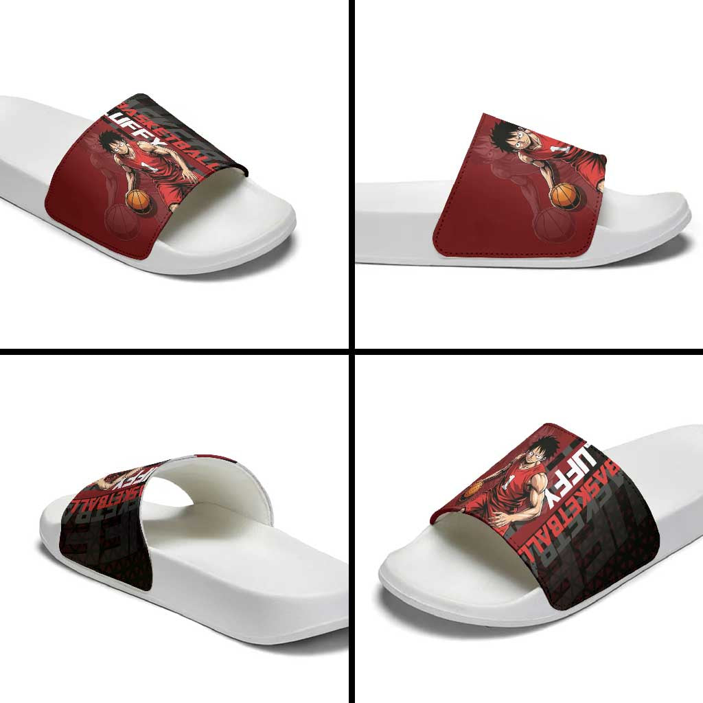 Luffy One Piece Basketball Theme Red and Black Design Slide Sandals with Straw Hat Pirate Logo and Sports Pose - The Mazicc