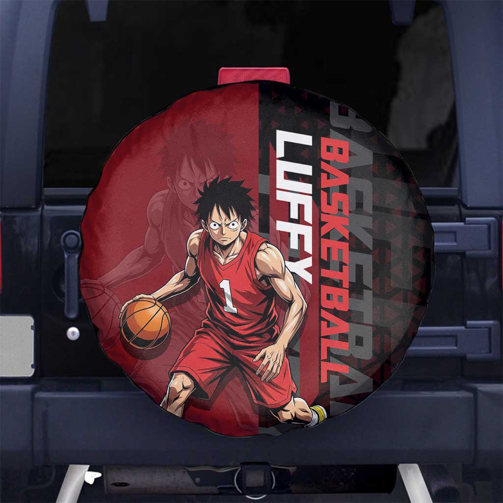 Luffy One Piece Basketball Theme Red and Black Design Spare Tire Cover with Straw Hat Pirate Logo and Sports Pose - The Mazicc
