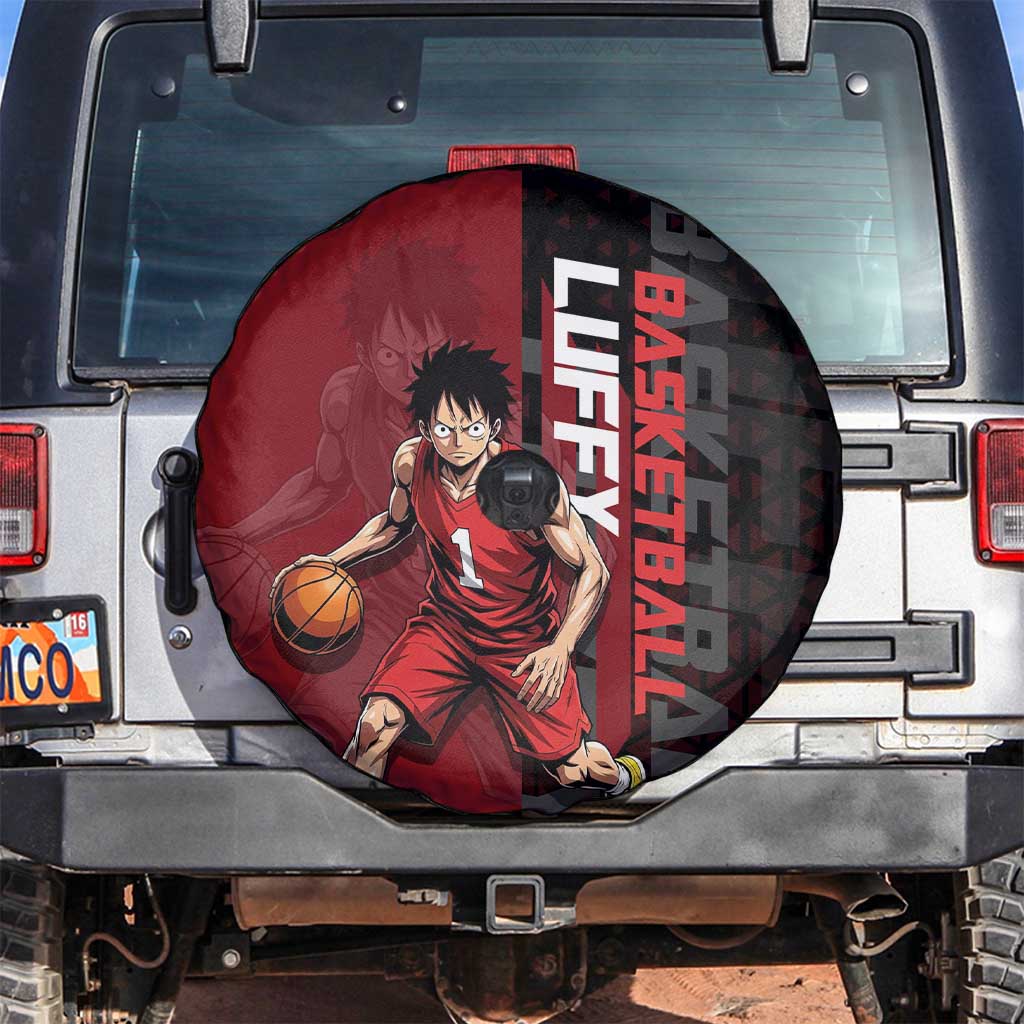 Luffy One Piece Basketball Theme Red and Black Design Spare Tire Cover with Straw Hat Pirate Logo and Sports Pose - The Mazicc