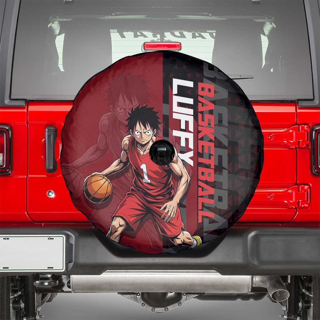 Luffy One Piece Basketball Theme Red and Black Design Spare Tire Cover with Straw Hat Pirate Logo and Sports Pose - The Mazicc