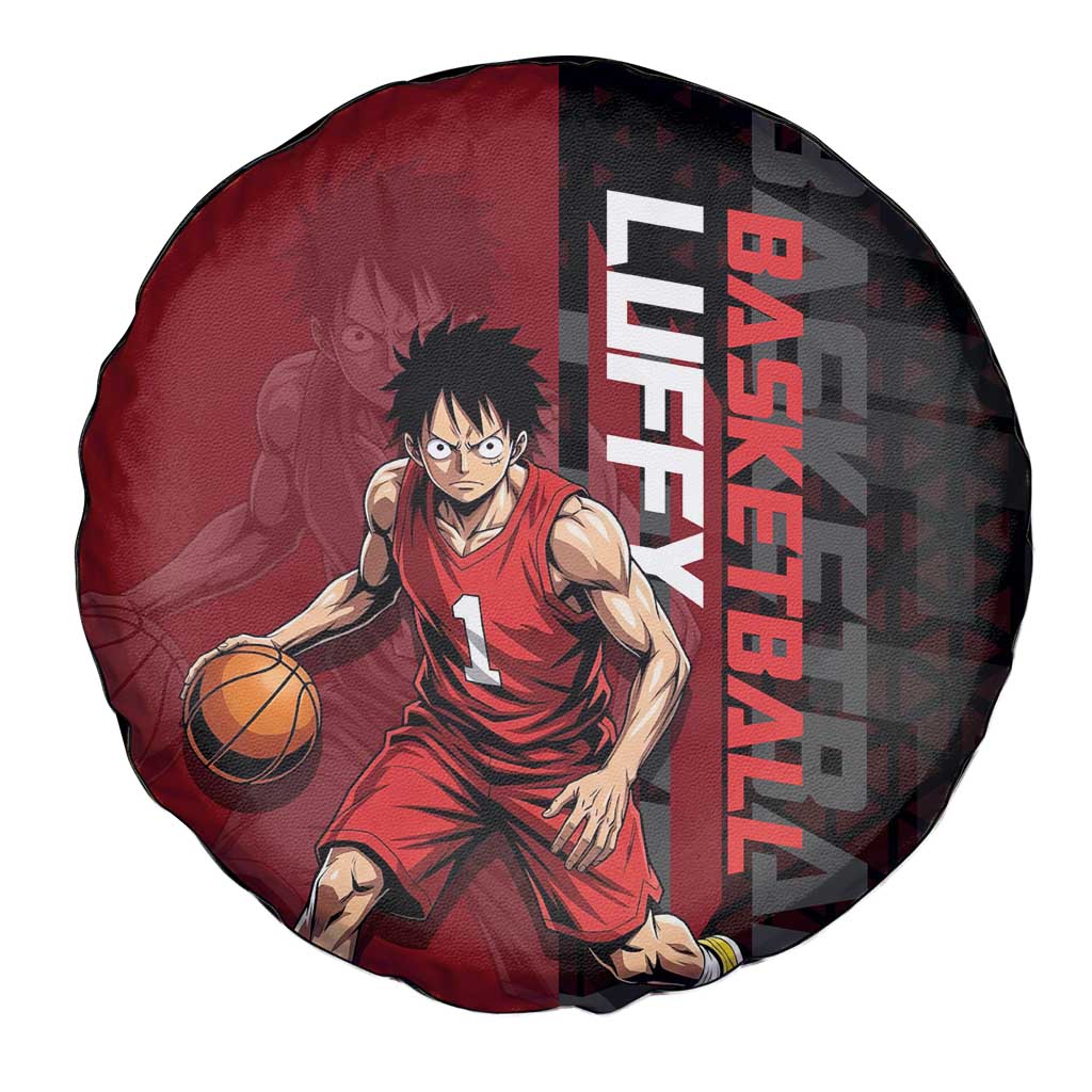 Luffy One Piece Basketball Theme Red and Black Design Spare Tire Cover with Straw Hat Pirate Logo and Sports Pose - The Mazicc