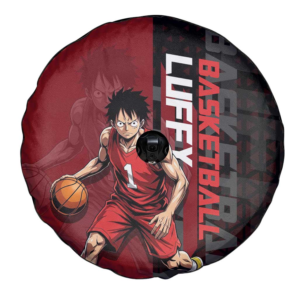 Luffy One Piece Basketball Theme Red and Black Design Spare Tire Cover with Straw Hat Pirate Logo and Sports Pose - The Mazicc