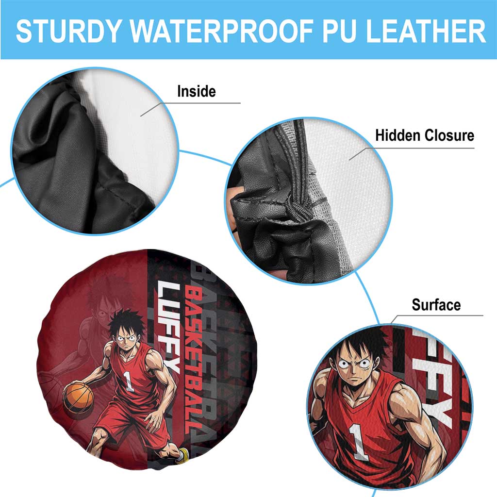 Luffy One Piece Basketball Theme Red and Black Design Spare Tire Cover with Straw Hat Pirate Logo and Sports Pose - The Mazicc
