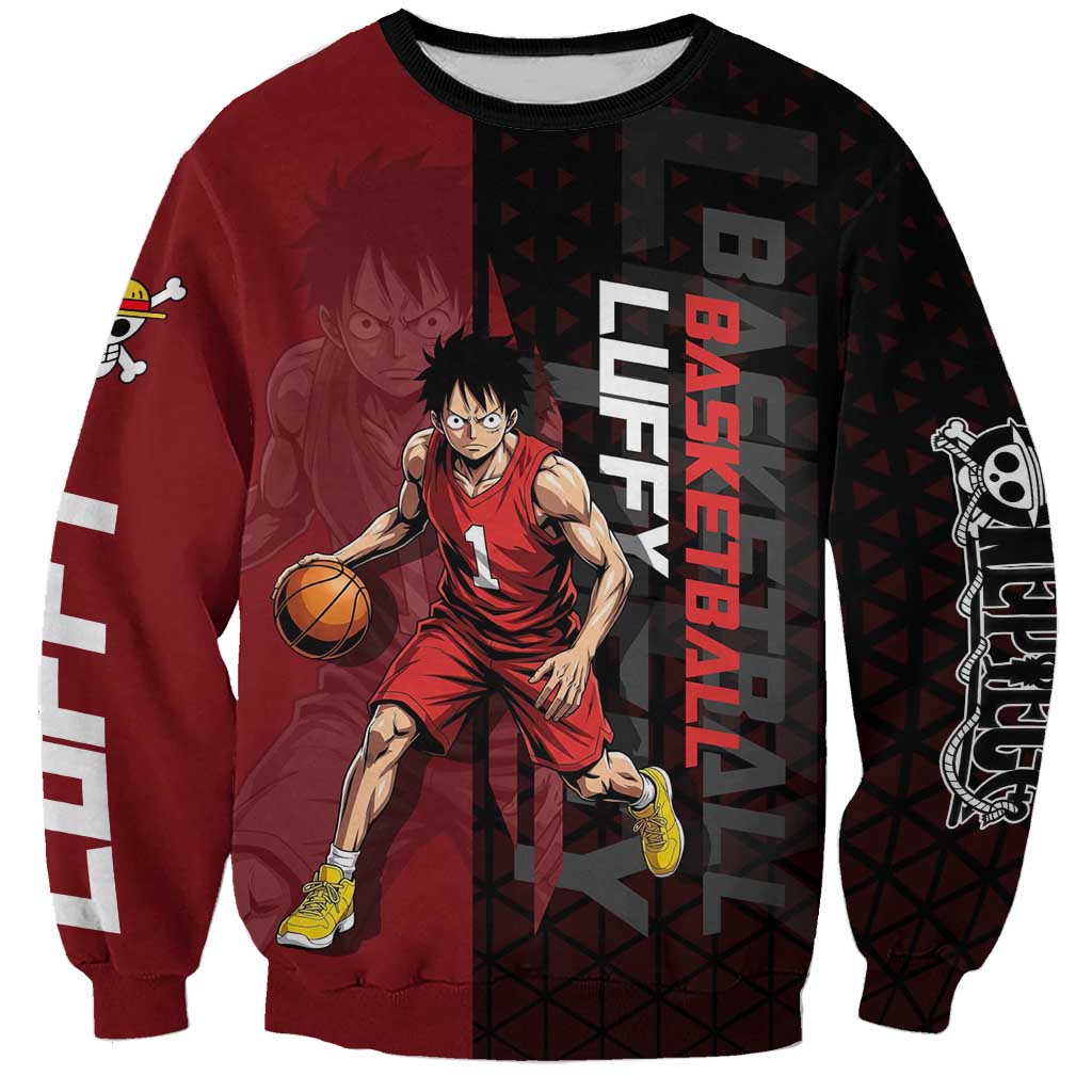 Luffy One Piece Basketball Theme Red and Black Design Sweatshirt with Straw Hat Pirate Logo and Sports Pose - The Mazicc