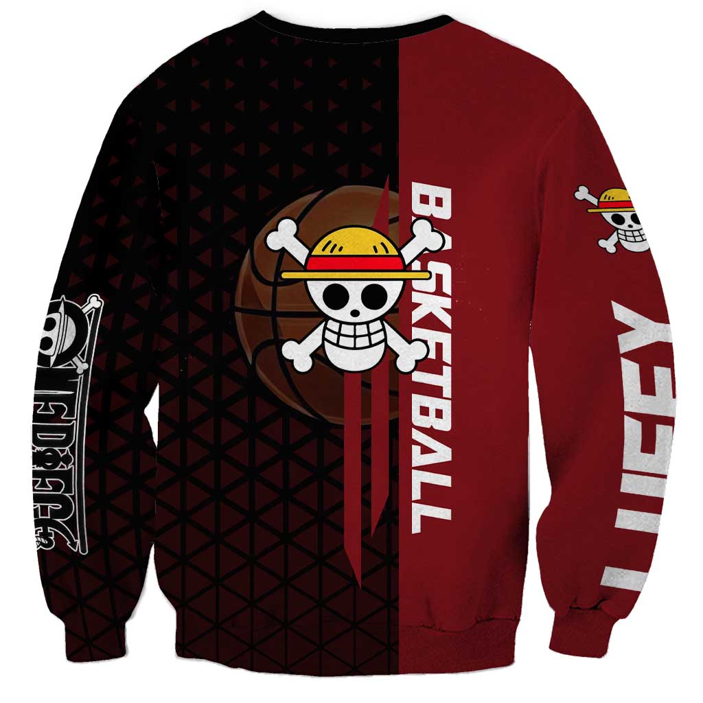 Luffy One Piece Basketball Theme Red and Black Design Sweatshirt with Straw Hat Pirate Logo and Sports Pose - The Mazicc