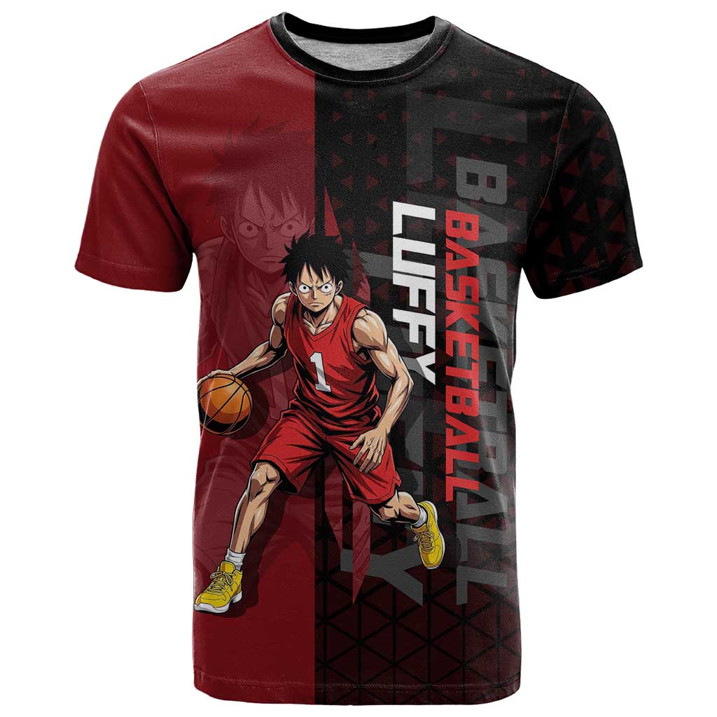 Luffy One Piece Basketball Theme Red and Black Design T Shirt with Straw Hat Pirate Logo and Sports Pose - The Mazicc