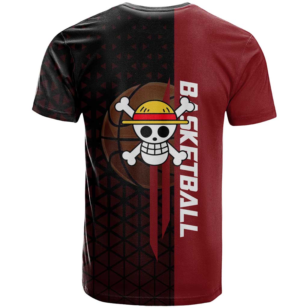 Luffy One Piece Basketball Theme Red and Black Design T Shirt with Straw Hat Pirate Logo and Sports Pose - The Mazicc