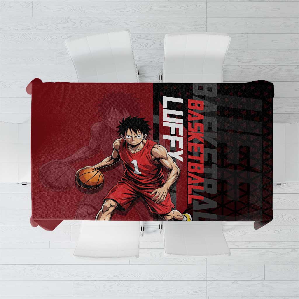 Luffy One Piece Basketball Theme Red and Black Design Tablecloth with Straw Hat Pirate Logo and Sports Pose - The Mazicc
