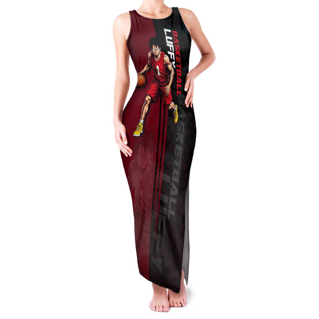 Luffy One Piece Basketball Theme Red and Black Design Tank Maxi Dress with Straw Hat Pirate Logo and Sports Pose - The Mazicc