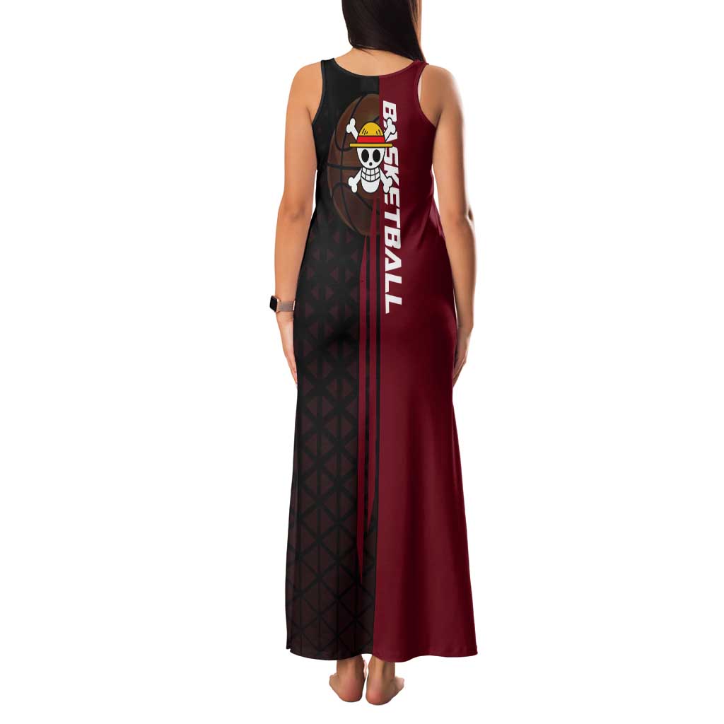Luffy One Piece Basketball Theme Red and Black Design Tank Maxi Dress with Straw Hat Pirate Logo and Sports Pose - The Mazicc