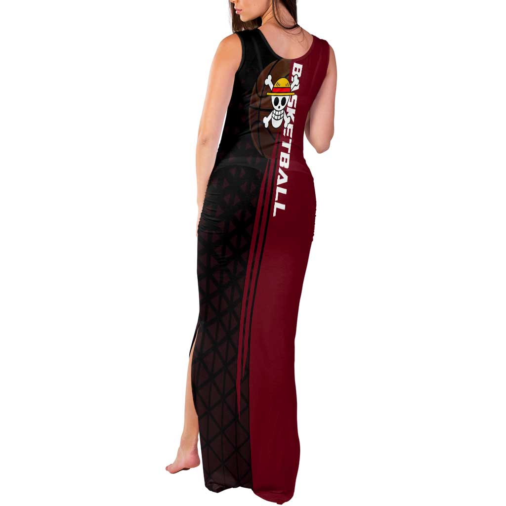 Luffy One Piece Basketball Theme Red and Black Design Tank Maxi Dress with Straw Hat Pirate Logo and Sports Pose - The Mazicc