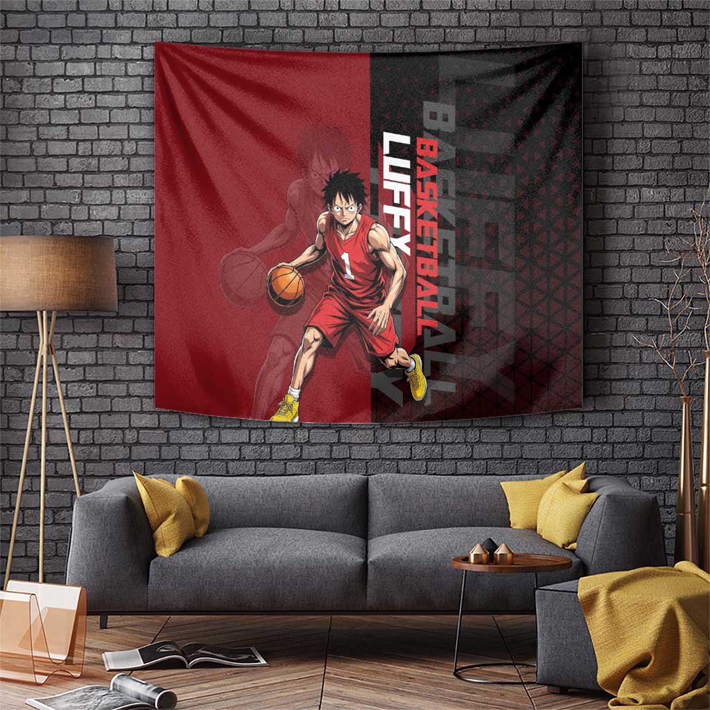 Luffy One Piece Basketball Theme Red and Black Design Tapestry with Straw Hat Pirate Logo and Sports Pose - The Mazicc