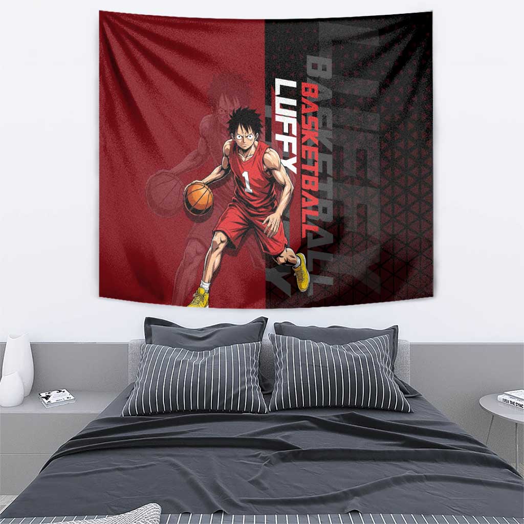 Luffy One Piece Basketball Theme Red and Black Design Tapestry with Straw Hat Pirate Logo and Sports Pose - The Mazicc