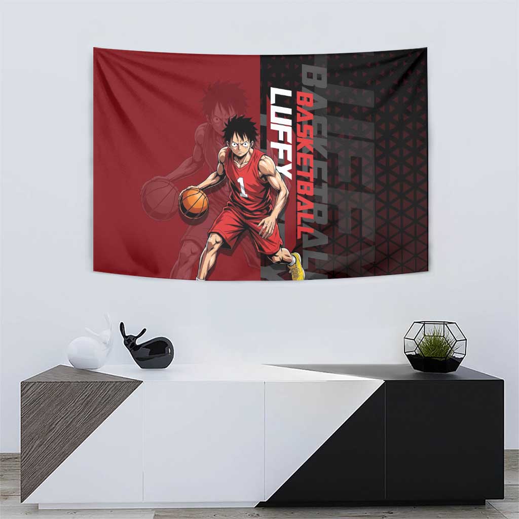 Luffy One Piece Basketball Theme Red and Black Design Tapestry with Straw Hat Pirate Logo and Sports Pose - The Mazicc